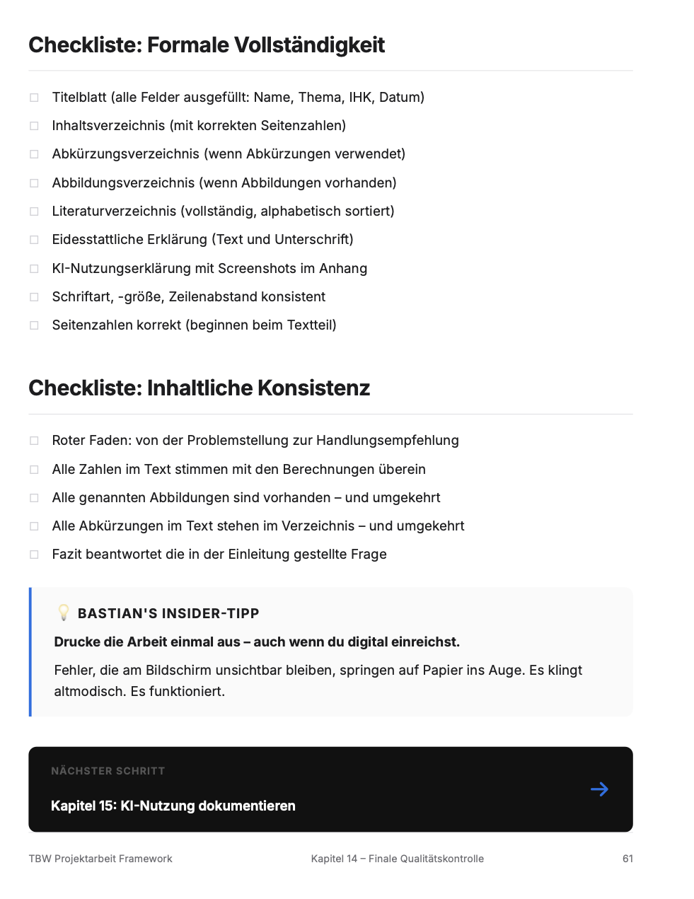 TBW Projektarbeit Framework – Checklisten für formale und inhaltliche Qualität